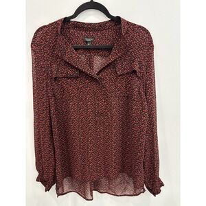 Talbots Red Black Print Blouse Women's Size 10 Long Sleeve Lightweight Top Sheer